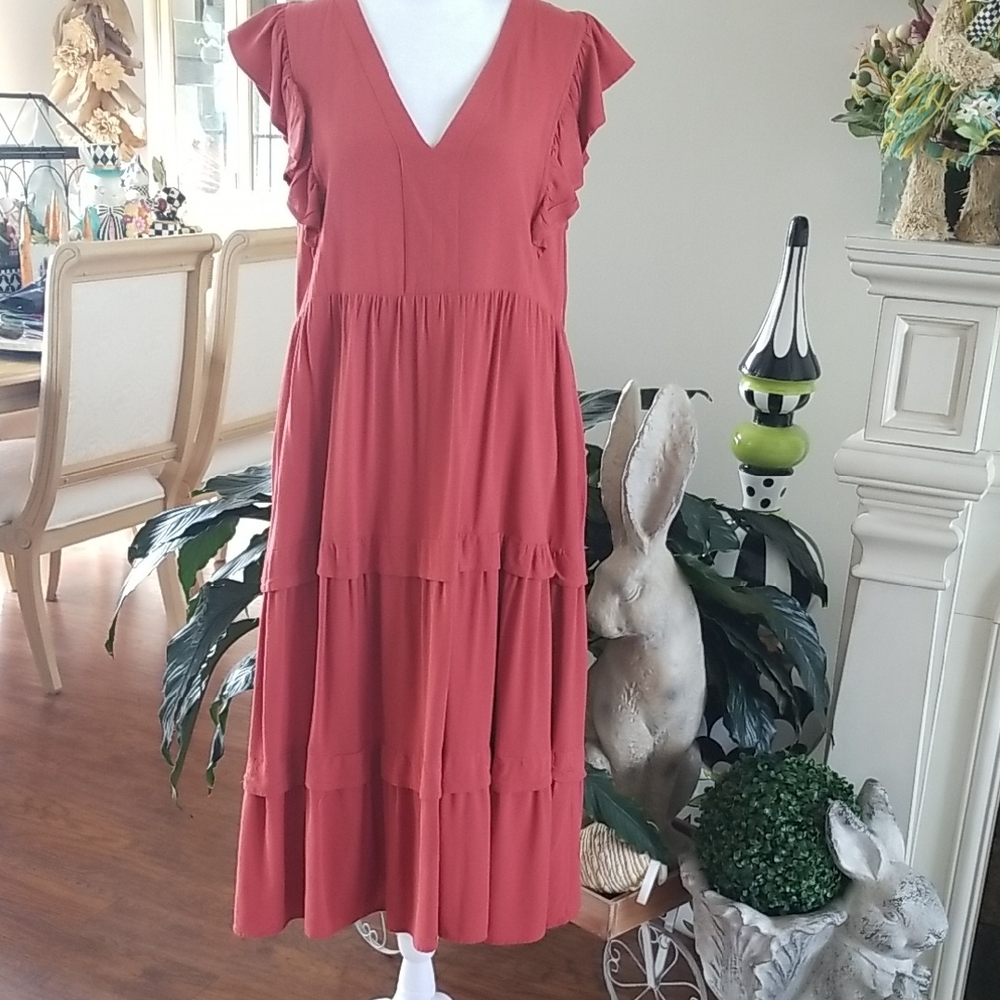 Tiered V-Neck Midi Dress in Rust